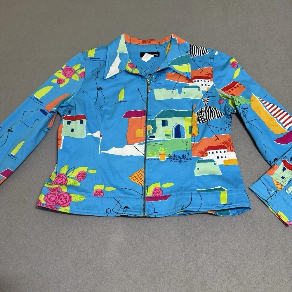 Vtg Women's Jacket Coat Sz 12 Funky Art To Wear Full Zip Houses Boats Travel 90s